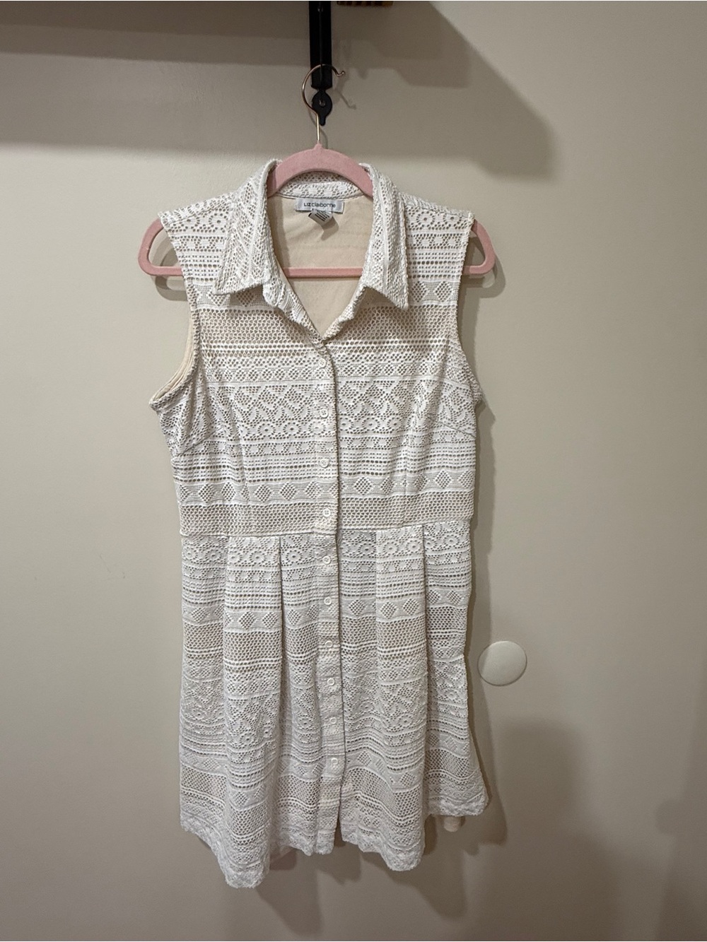Liz Claiborne Cream Crochet Button-Front Sleeveless Dress